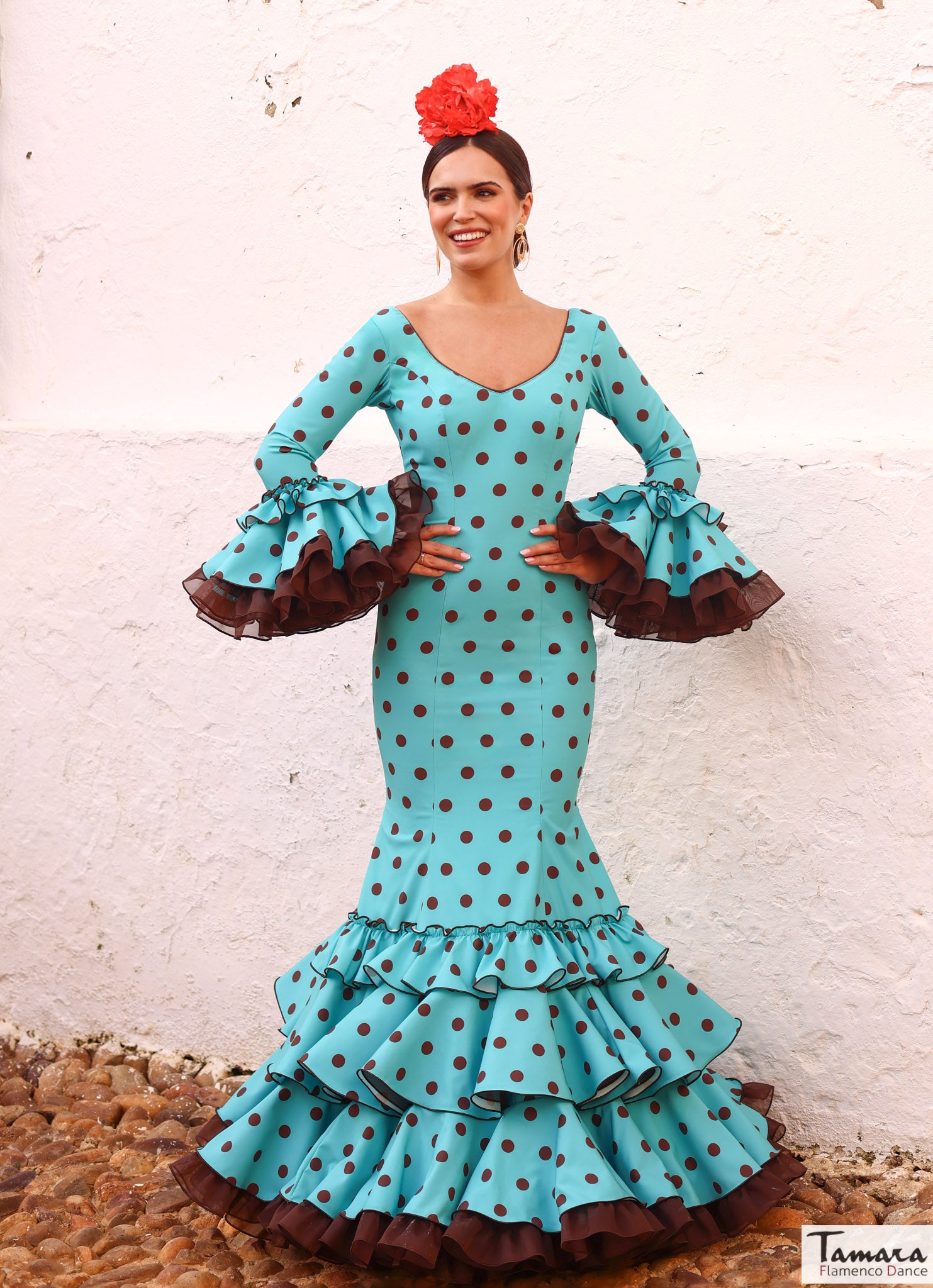 Julia Flamenco dress, Turquoise with brown polka dots | Tamara Flamenco Size 38 / Turquoise Julia Flamenco dress, Turquoise with brown polka dots | Tamara Flamenco Size 38 / Turquoise