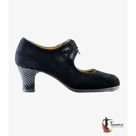 Zapatos de flamenco Profesionales Tamara modelo Zapatos de flamenco Fandango - Negro - Ante y Serpiente - Mismo material y color - Carrete 6cm - Ancho especial Negro