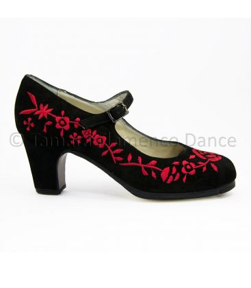 zapatos de flamenco profesionales personalizables - Begoña Cervera - Bordado correa i negro-rojo ante
