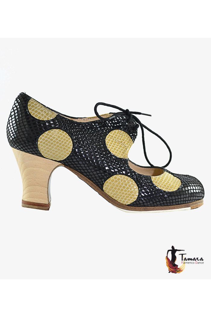  Flamenco shoes - Professionals model Flamenco shoes Cordonera with Polka Dots Black-Beige