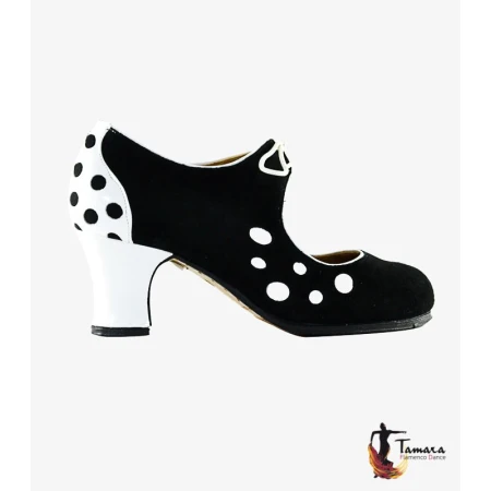 Flamenco shoes - Professionals model Flamenco shoes Lola - White-Black - Suede and patent leather - Standard: same material & color - Carrete 6cm - Wide White-Black