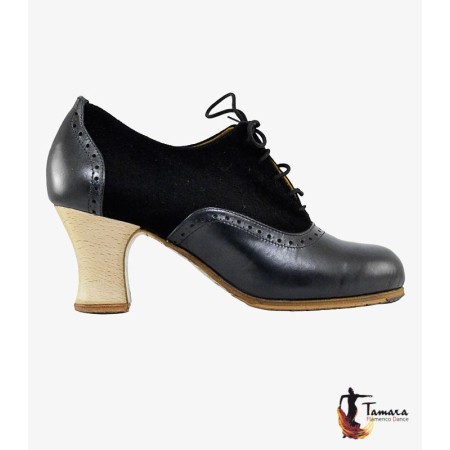 Chaussures professionnelles de flamenco Tamara modèle Chaussures de flamenco Garrotin - Cuir et daim - Bois - Carrete 6cm - Largeur Spécial Noir