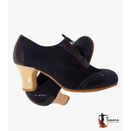Zapatos de flamenco Profesionales Tamara modelo Zapatos de flamenco Macarena - Negro - Ante y Serpiente - Madera - Carrete 6cm - Ancho especial Negro