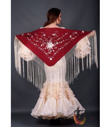 triangular embroidered manila shawl in stock - - Florencia Shawl Beig Fringe - Beige Embroidered