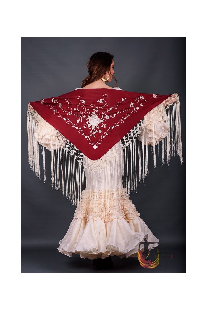  Triangular Embroidered Manila Shawl - IN STOCK model Roma Shawl Ivory Fringe - Ivory Embroidered Bordeaux