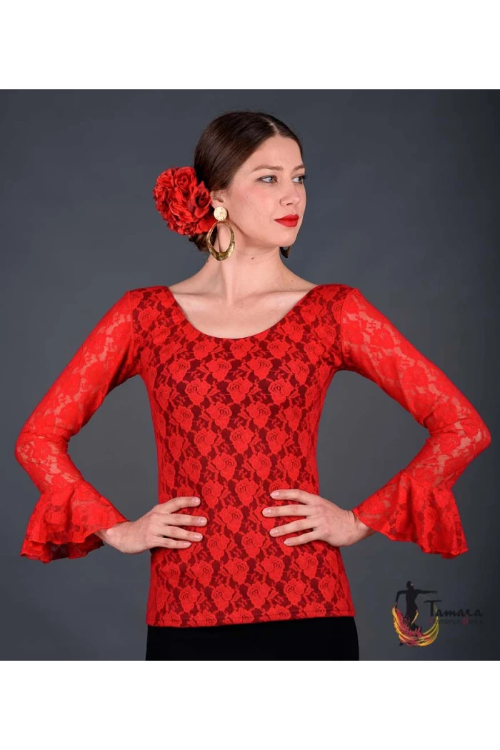  Body/Camiseta flamenca MUJER model Alcazar T-shirt - Viscose and lace negro con encaje rojo 