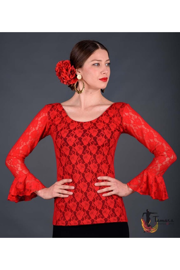 Body/Camiseta flamenca MUJER modelo Camiseta Alcazar - Viscosa y encaje negro con encaje rojo