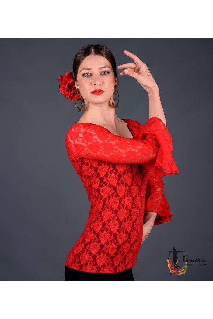 Maillot, body et haut de flamenco FEMME modèle T-shirt Alcazar - Viscose et dentelle Noir avec de la dentelle noire