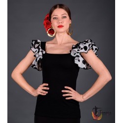 Maillot, body et haut de flamenco FEMME modèle T-shirt Alegria - tricoté extensible Noir avec points rouges