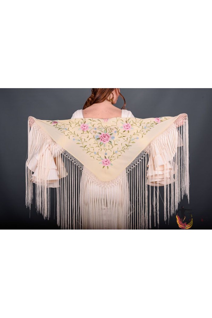  Embroidered flamenco shawl model Florencia Shawl - Pink tons Embroidered Mustard