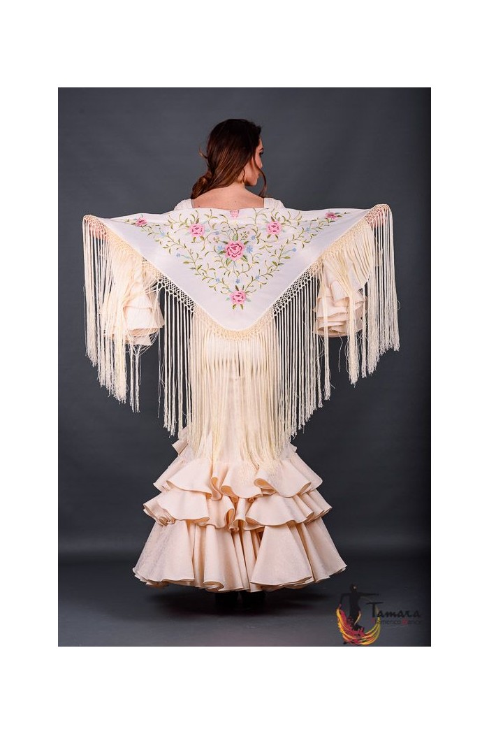  Embroidered flamenco shawl model Florencia Shawl - Pink tons Embroidered Mustard