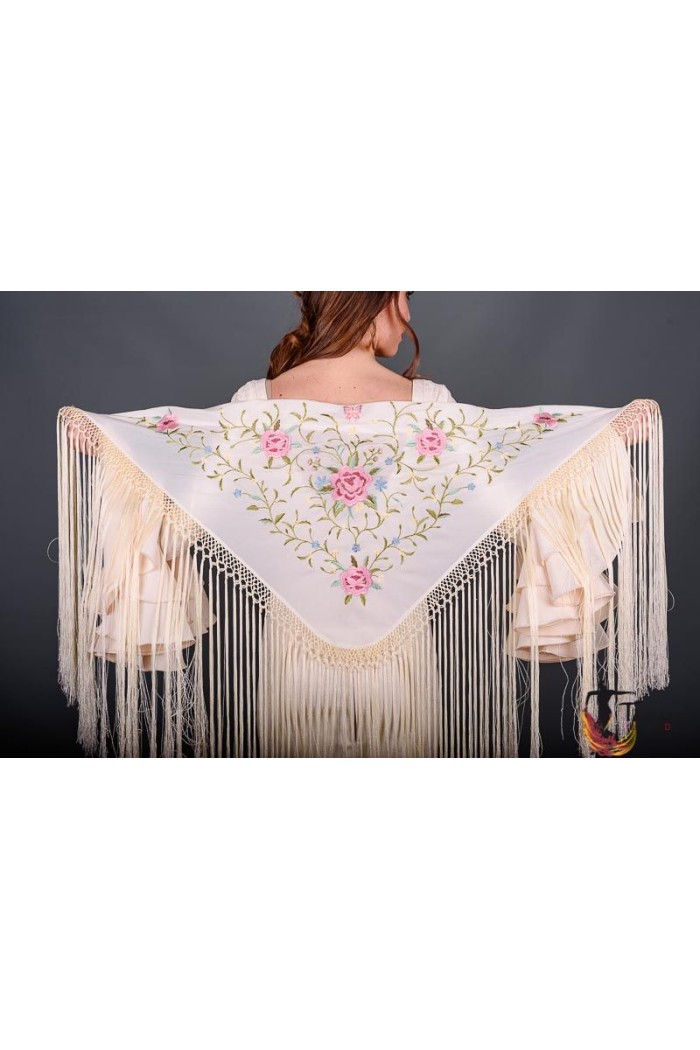 Mantoncillo bordado flamenca modelo Mantoncillo Florencia - Bordado tonos Rosas Petroleo