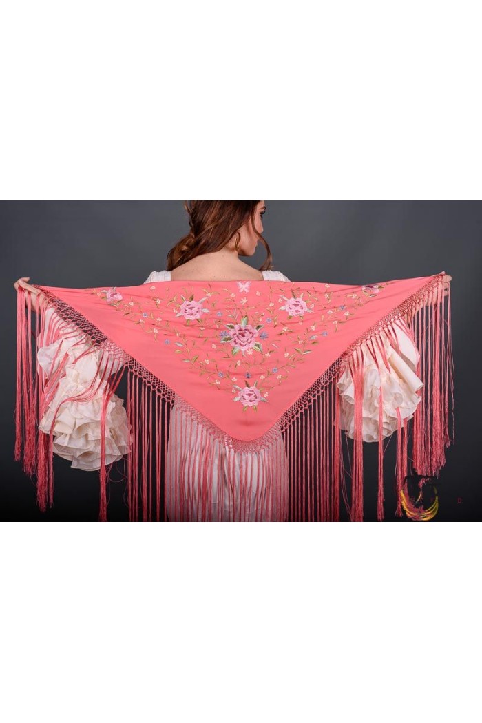 Mantoncillo bordado flamenca modelo Mantoncillo Florencia - Bordado tonos Rosas Petroleo