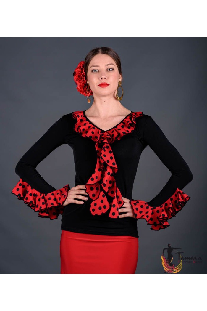  Body/Camiseta flamenca MUJER model Tarifa Polka dots T-shirt - Viscose and crep White black polka dots