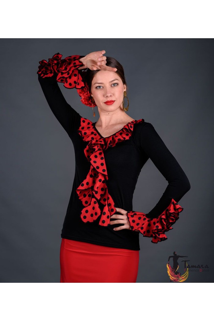  Body/Camiseta flamenca MUJER model Tarifa Polka dots T-shirt - Viscose and crep Black with red polka dots