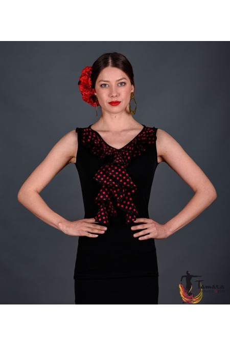 Maillot, body et haut de flamenco FEMME modèle T-shirt Tango avec points - Viscose Noir avec petits points blancs