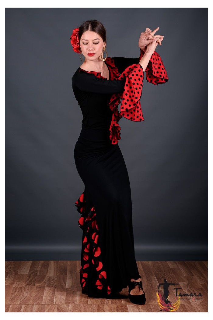 Body/Camiseta flamenca MUJER modelo Camiseta Tarifa Lunares - Viscosa y crep Negro lunares rojos