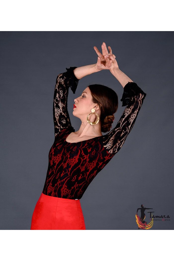 Body/Camiseta flamenca MUJER modelo Camiseta Alcazar - Viscosa y encaje negro con encaje negro