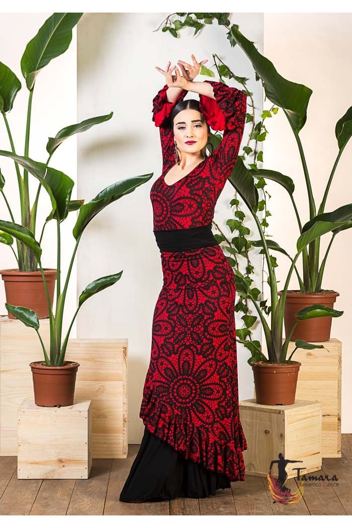 Body/Camiseta flamenca MUJER modelo Camiseta Rania - Punto elástico Burdeos lunar negro 