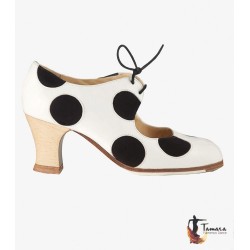Chaussures professionnelles de flamenco modèle Chaussures de flamenco Cordonera Lunares - Blanco-Negro - Cuir et daim - Bois - Carrete 6cm - Normal Blanco-Negro