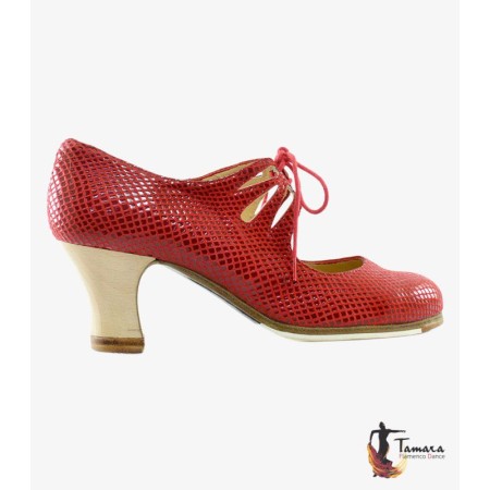 Flamenco shoes - Professionals model Flamenco shoes Cordonera Calado - Red - Snake leather - Wood - Carrete 6cm - Normal Red