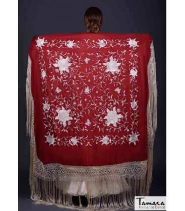 square embroidered manila shawl in stock - - Manila Shawl Beige fringes - Beige Embroidered