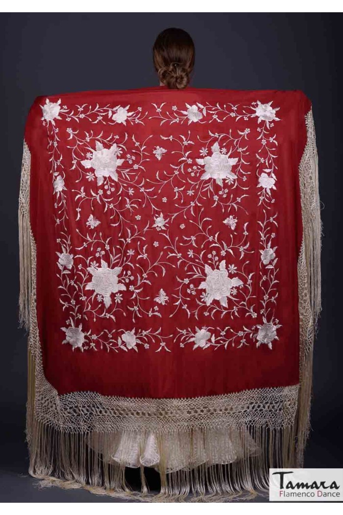  Square Embroidered Manila Shawl model Manila Shawl Ivory fringes - Ivory Embroidered Ivory