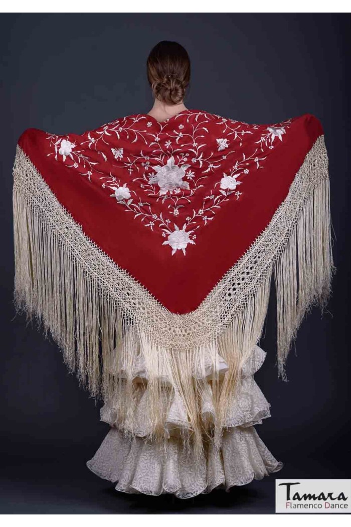  Square Embroidered Manila Shawl model Manila Shawl Ivory fringes - Ivory Embroidered Ivory