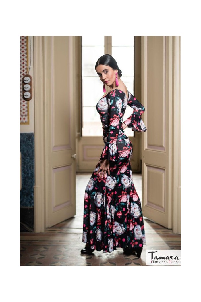 Maillot, body et haut de flamenco FEMME modèle Body Celia - Tricot élastique Empreinte Imprimé floral rouge-fuxia