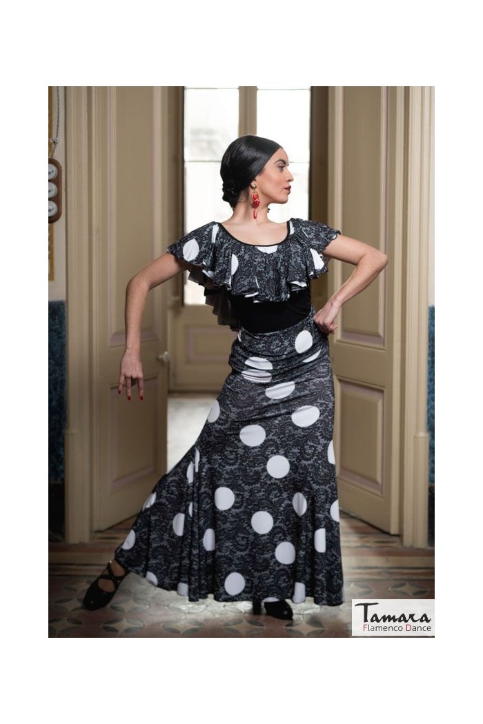 Jupes flamenco FEMME modèle Jupe flamenco Jupe Mirella - Tricot élastique imprimé imprimé à pois blancs