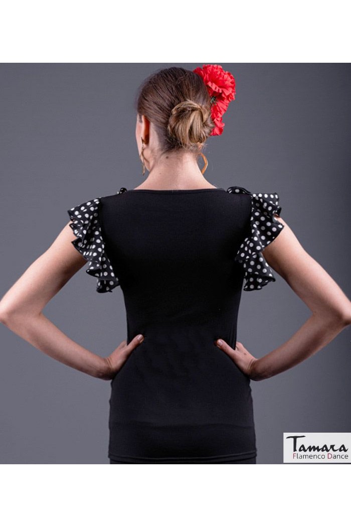 Maillot, body et haut de flamenco FEMME modèle T-shirt Buleria - Tricot élastique Rouge avec points noirs