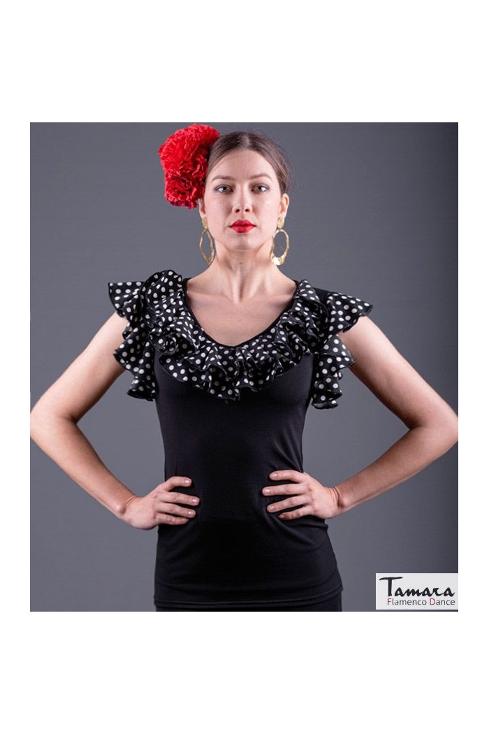 Maillot, body et haut de flamenco FEMME modèle T-shirt Buleria - Tricot élastique Noir avec petits points blancs