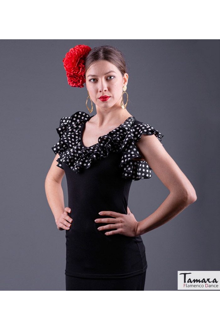Maillot, body et haut de flamenco FEMME modèle T-shirt Buleria - Tricot élastique Rouge avec points noirs