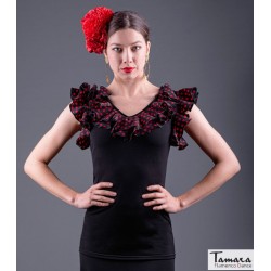 Maillot, body et haut de flamenco FEMME modèle T-shirt Buleria - Tricot élastique Noir avec points rouges