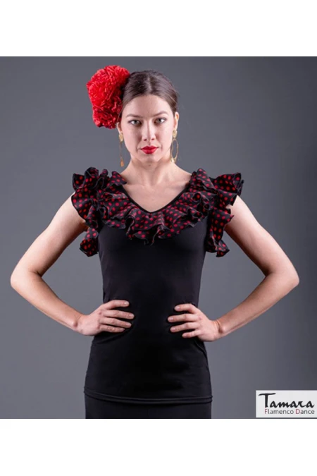  Body/Camiseta flamenca MUJER model Buleria T-shirt - Elastic knit Black with red polka dots