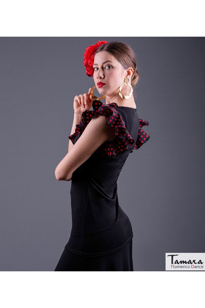 Maillot, body et haut de flamenco FEMME modèle T-shirt Buleria - Tricot élastique Rouge avec points noirs