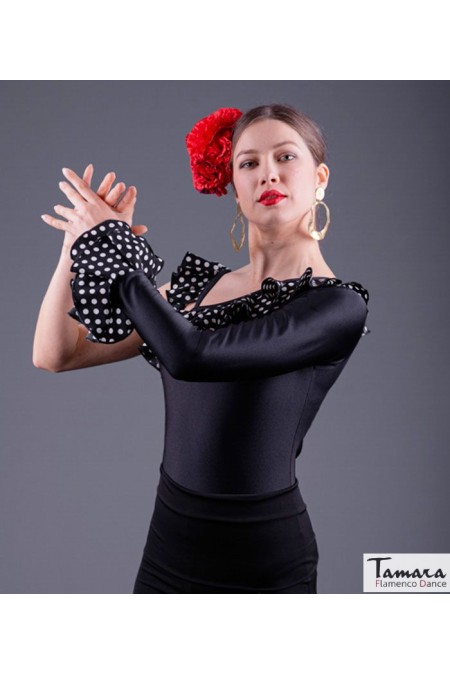 Maillot, body et haut de flamenco FEMME modèle Body Triana - Lycra et koshivo Noir avec petits points blancs