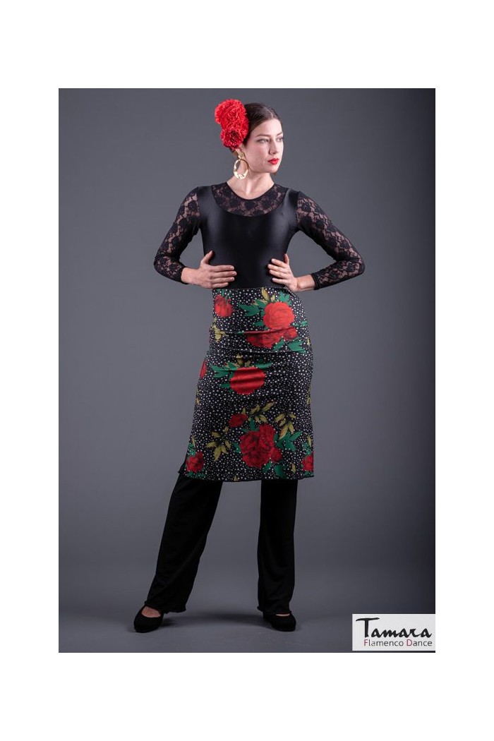  Flamenco skirts WOMAN model Flamenco skirt Huelva - Elastic Knited Black-white floral