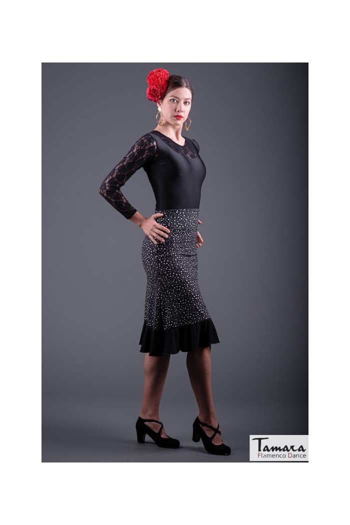  Flamenco skirts WOMAN model Flamenco skirt Pampaneira - Elastic Knited Black with white polka dots