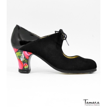 Zapatos de flamenco Profesionales modelo Zapatos de flamenco Arty - Negro - Ante y charol - Pintado a mano: Ramo - Carrete 6cm - Normal Negro