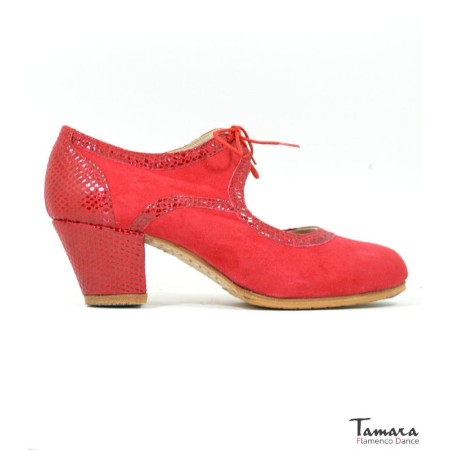Chaussures professionnelles de flamenco Tamara modèle Chaussures de flamenco Solera - Rouge - Daim avec détails en peau de serpent - Même matériau et couleur - Cubano 5 cm - Largeur Spécial Rouge