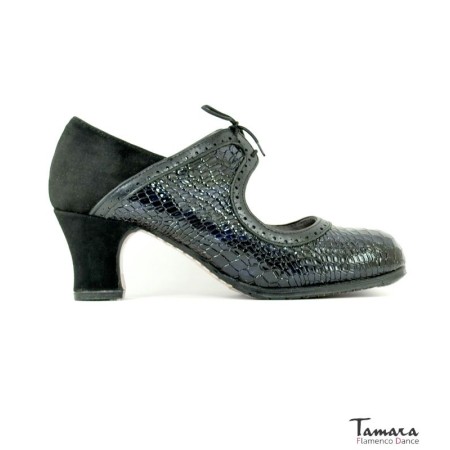 Tamara Flamenco shoes - Professionals model Flamenco shoes Rumba - Black - Suede & Snake leather - Standard: same material & color - Carrete 6cm - Wide Black