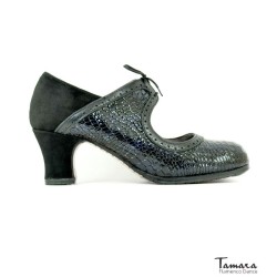 Zapatos de flamenco Profesionales Tamara modelo Zapatos de flamenco Rumba - Negro - Ante y Serpiente - Mismo material y color - Carrete 6cm - Ancho especial Negro