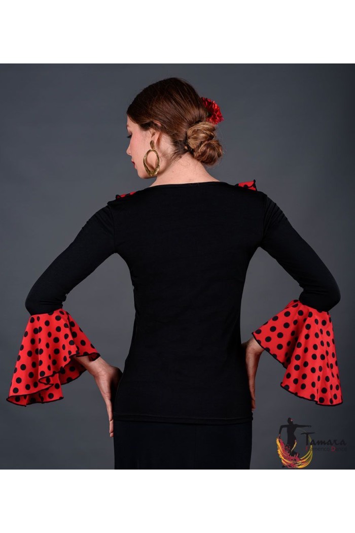 Maillot, body et haut de flamenco FEMME modèle T-shirt Carmona - Viscose y koshivo Noir avec petits points blancs