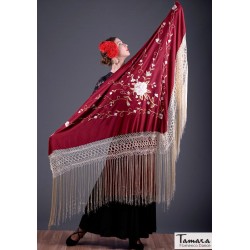 Châle Manille brodé triangulaire - EN STOCK modèle Châle Roma Franges Ivoire - Broderie Terre et or Beige