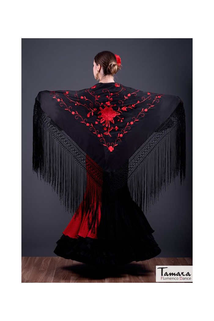 Châle Manille brodé triangulaire - EN STOCK modèle Châle Roma - Brodé Rouge eau de mer 