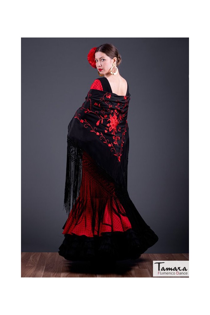 Châle Manille brodé triangulaire - EN STOCK modèle Châle Roma - Brodé Rouge eau de mer 