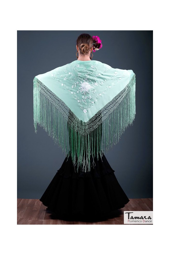  Triangular Embroidered Manila Shawl - IN STOCK model Roma Shawl - White Embroidered Dark Green