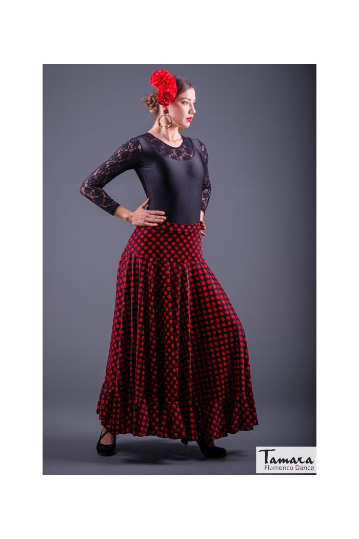  Flamenco skirts WOMAN model Flamenco skirt Sevillana with Polka dots - Knitted Black with red polka dots