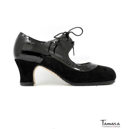 Zapatos de flamenco Profesionales Tamara modelo Zapatos de flamenco Alborea - Negro - Ante y charol - Mismo material y color - Carrete 6cm - Ancho especial Negro